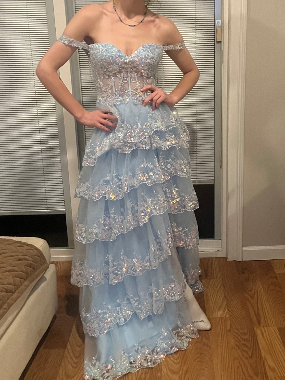 Stacees Tiered Ruffle Prom Homecoming Dress Light Sky Blue Princess 2 NEW Off th